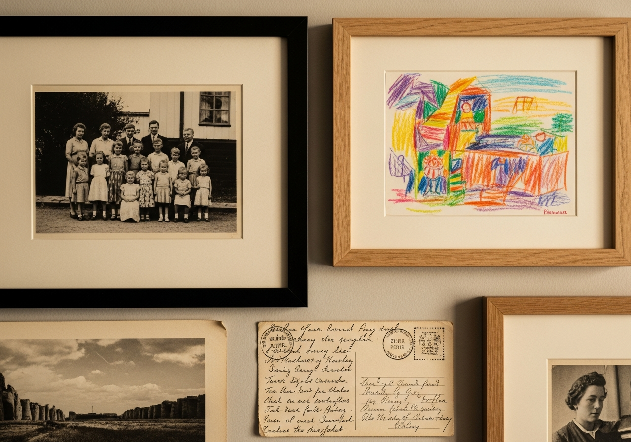 A close-up on a section of a gallery wall, showcasing a mix of personal items.